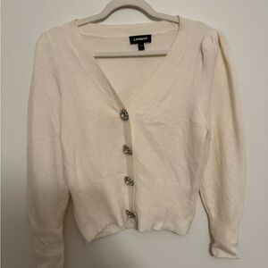 Express Cream V-Neck Jeweled Button Cardigan